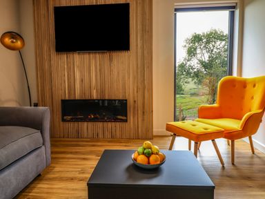 A living room with a grey sofa yellow chair black coffee table with fruit bowl wooden floor and wall with fireplace and television at Mynydd Y Glyn Lodge in Llanfyllin near Llanrhaeadr-Ym-Mochnant