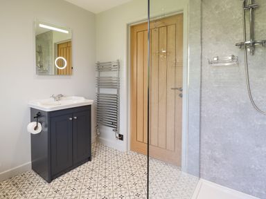 A bathroom with a sink cabinet a mirror a towel radiator a wooden door and a shower at Mynydd Y Glyn Lodge in Llanfyllin near Llanrhaeadr-Ym-Mochnant