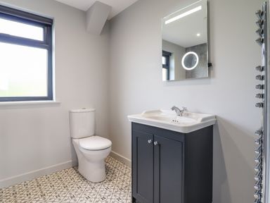 A bathroom with a toilet a sink with cabinet and a mirror above it at Mynydd Y Glyn Lodge in Llanfyllin near Llanrhaeadr-Ym-Mochnant