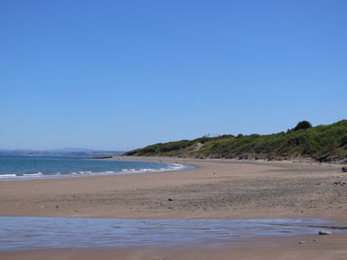 A sandy beach with waves and a hillside covered in greenery at Towyn Hall in New Quay