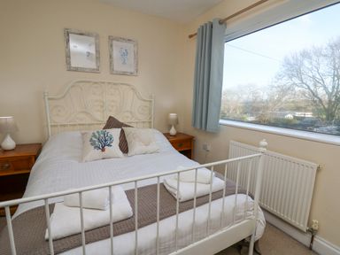 A bedroom with a white metal bed frame bedside tables lamps and a large window showing trees outside at Towyn Hall in New Quay