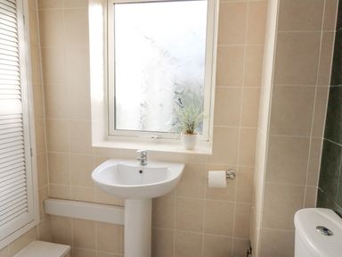 A bathroom with a pedestal sink toilet paper holder small plant on a window ledge and a toilet at Towyn Hall in New Quay