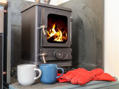 Wood burning stove with fire two mugs and red gloves in front at Bosulla Shepherds Hut in Penzance