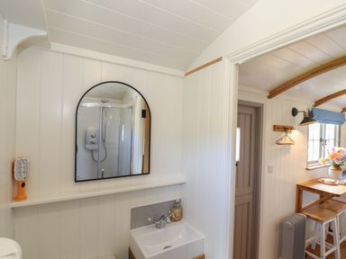 A bathroom sink with a mirror and a shower visible in the reflection and a small dining table with stools and flowers at Bosulla Shepherds Hut in Penzance