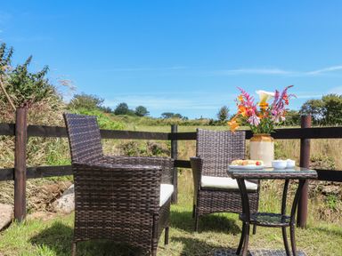 An outdoor seating area with two wicker chairs a table with flowers and food at Bosulla Shepherds Hut in Penzance