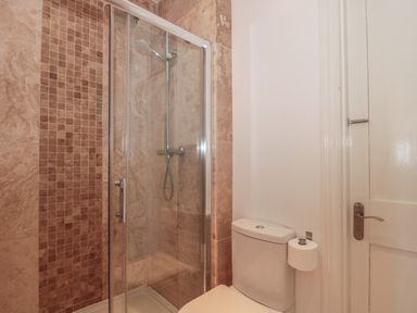 A bathroom with a shower enclosure and a toilet next to a white door at 49 Esplanade in Burnham-On-Sea