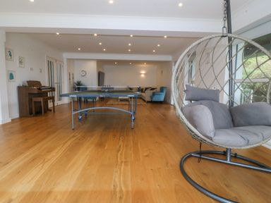 A room with a hanging chair a ping pong table a piano and a seating area at Gwylanod in Llwyngwril near Fairbourne