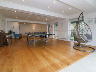 A room with a ping pong table wooden floor a hanging wicker chair and a piano at Gwylanod in Llwyngwril near Fairbourne