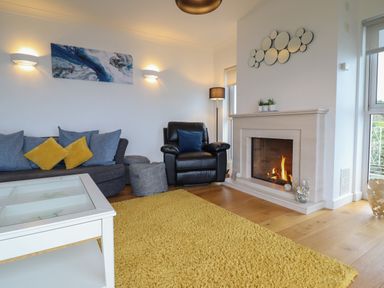 A living room with a fireplace a black armchair a grey sofa with cushions and a yellow rug at Gwylanod in Llwyngwril near Fairbourne