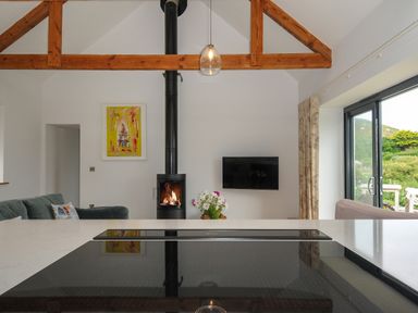 A living space with a wood-burning stove a wall-mounted TV a sofa and glass doors opening to a garden at Pendower Cottage in Porthgwarra