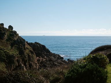 A rocky coastline with bushes and grass by the sea at Pendower Cottage in Porthgwarra