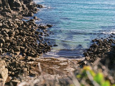 Rocky shoreline with clear blue water and scattered seaweed at Pendower Cottage in Porthgwarra