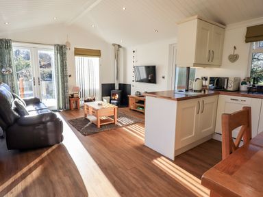 A living room with a leather sofa wooden coffee table and fireplace next to a kitchen with white cabinets and wooden countertops at Pippin Lodge in Allithwaite near Cartmel