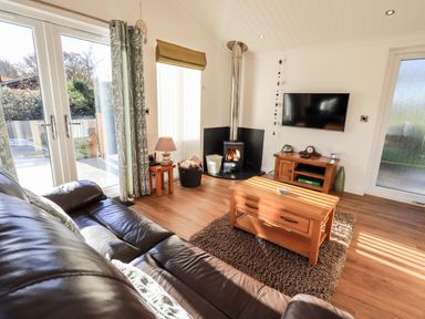 A living room with a leather sofa wooden coffee table a television and a wood burner at Pippin Lodge in Allithwaite near Cartmel