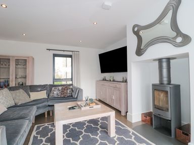 A living room with a grey sectional sofa a wooden coffee table a patterned rug a wall-mounted TV a wood-burning stove and a cabinet with glass doors at Agua de Plata 16 Wakeling Island Silverlake in Dorchester
