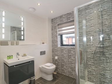 A bathroom with a sink, toilet, and a glass-enclosed shower at Agua de Plata, 16 Wakeling Island, Silverlake in Dorchester