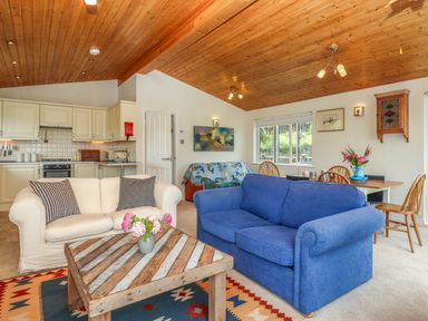 A living room with two sofas a wooden coffee table and kitchen area at Tamar View Lodge in Millbrook