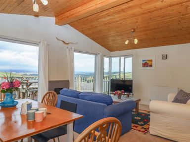 A living room with wooden ceiling blue and white sofas a dining table with cups and flowers at Tamar View Lodge in Millbrook