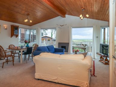 A living area with white and blue sofas a dining table with chairs and large windows at Tamar View Lodge in Millbrook