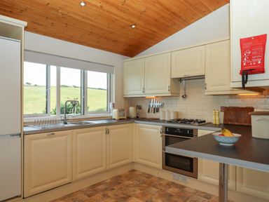 A kitchen with cream cabinets a wooden ceiling and a window overlooking a grassy field at Tamar View Lodge in Millbrook