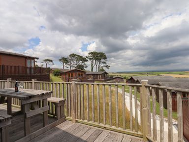 A wooden deck with a picnic table and railings overlooking wooden cabins and fields at Tamar View Lodge in Millbrook