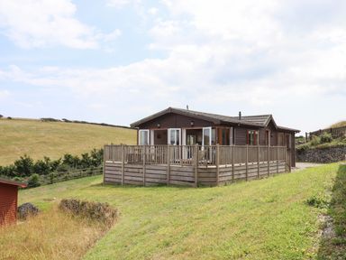A wooden cabin with a wraparound deck on a grassy hill at Tamar View Lodge in Millbrook