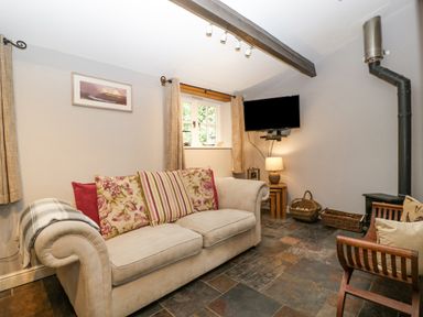A living room with a beige sofa and patterned cushions a wall-mounted TV and a wood-burning stove at The Old Bakehouse in Pembridge