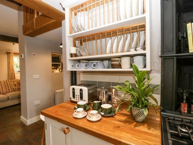A kitchen counter with cups and saucers a toaster a plant and a dish rack with plates and mugs at The Old Bakehouse in Pembridge