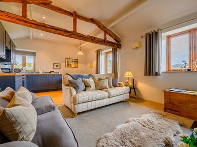 A living room with sofas pillows and a lamp near windows and kitchen area at Shepherds Cottage in Hawkshead