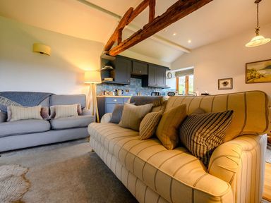 A living room with two sofas a floor lamp wooden beams and a kitchen area at Shepherds Cottage in Hawkshead