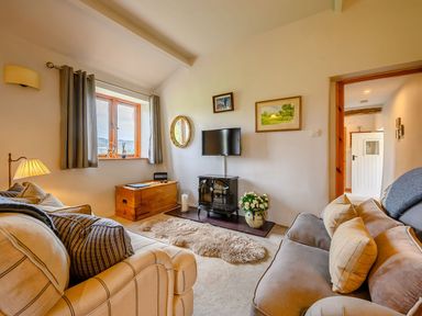 A living room with two sofas a wooden chest a television and a window at Shepherds Cottage in Hawkshead