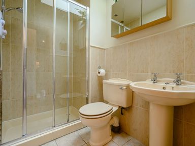 A bathroom with a shower enclosure toilet and sink at Shepherds Cottage in Hawkshead