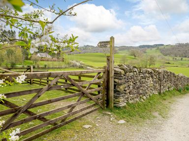 A wooden gate on a countryside path with stone walls and green fields in the background at Shepherds Cottage in Hawkshead