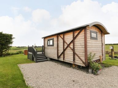A wooden cabin on gravel with steps and railing surrounded by grass at Greenacres Carriage in Maybole