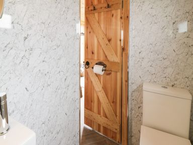 A bathroom with a wooden door partially open and a toilet at Greenacres Carriage in Maybole