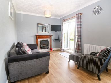 A living room with sofas a fireplace a wall-mounted television and glass doors with curtains at Coed y Glyn Bach Equestrian in Penygroes