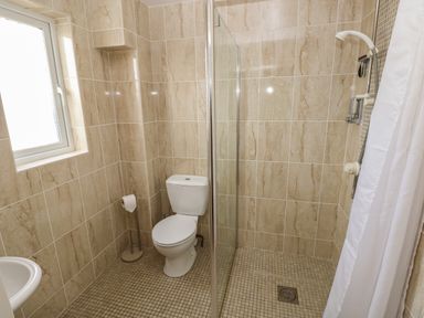 A bathroom with a toilet, a glass shower enclosure, a showerhead, a window, and a toilet paper holder at The Annexe, Meadow Croft in Haverfordwest