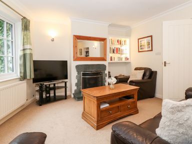 A living room with a wooden coffee table leather sofas a TV on a stand a fireplace and bookshelves at Holly Cottage in Grasmere