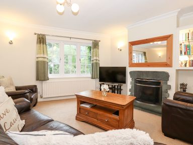 A living room with a wooden coffee table a fireplace and a television at Holly Cottage in Grasmere