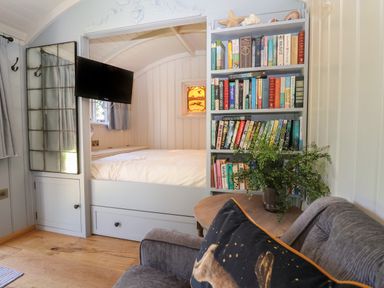 A small room with a built-in bed nook a mounted TV a bookshelf filled with books a round wooden table with a plant and a grey sofa with a cushion at Utopia in Metfield near Harleston