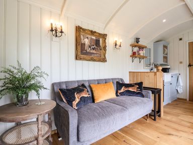 A living area with a gray sofa and animal-themed pillows a wooden side table with a plant wall sconces and kitchen in the background at Utopia Metfield near Harleston