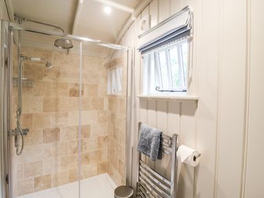 A bathroom with a walk in shower window a towel on a heated towel rail and toilet paper at Utopia in Metfield near Harleston