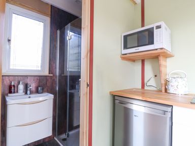 A bathroom with a sink and a shower next to a small kitchen area with a microwave on a shelf a kettle and a mini fridge at Nyth Y Bioden (Magpie's Nest) Llanaelhaearn near Trefor