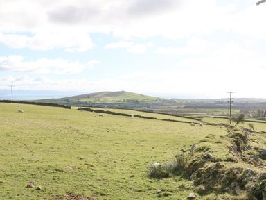 A rural field with sheep grazing on grass and stone walls separating the land at Nyth Y Bioden (Magpie's Nest) in Llanaelhaearn near Trefor