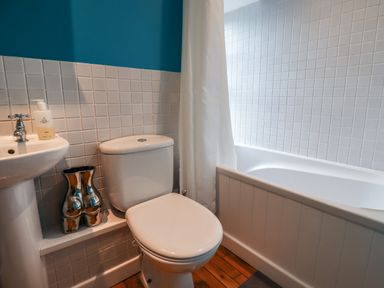 A bathroom with a toilet, sink, bathtub, and a shower curtain at Grebe Cottage in Alnmouth