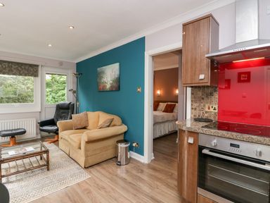 A living room with a beige sofa black chair glass coffee table and a visible kitchen with oven and red backsplash at The Lodge in Ambleside
