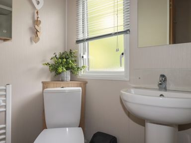 A bathroom with a toilet a sink a window with blinds and a plant on a wooden shelf at Pams Place in Crantock