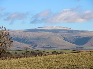 A rural landscape with fields trees stone walls and hills under a blue sky at Luham Cottage in Edenhall near Langwathby