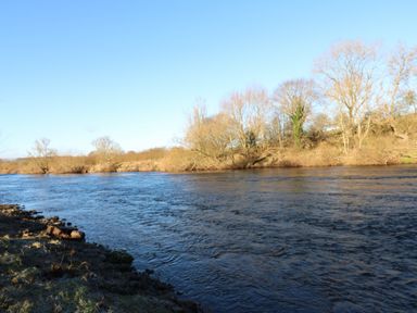 A river with trees along the bank under a clear blue sky at Luham Cottage Edenhall near Langwathby