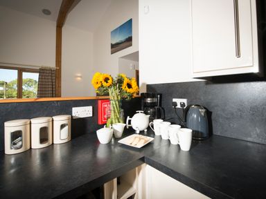 A kitchen counter with a coffee maker kettle teapot mugs cookies and sunflowers at Aurae Cawdor near Inverness